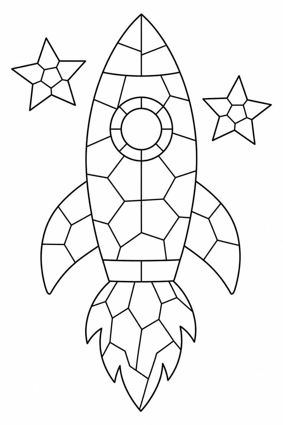 A rocket, its flame and two stars are divided into clear mosaic pieces.