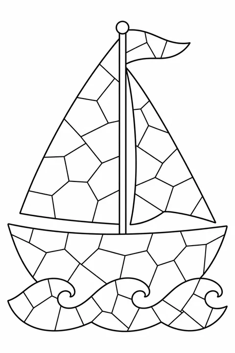 A sailboat with two sails rides above curling mosaic waves.