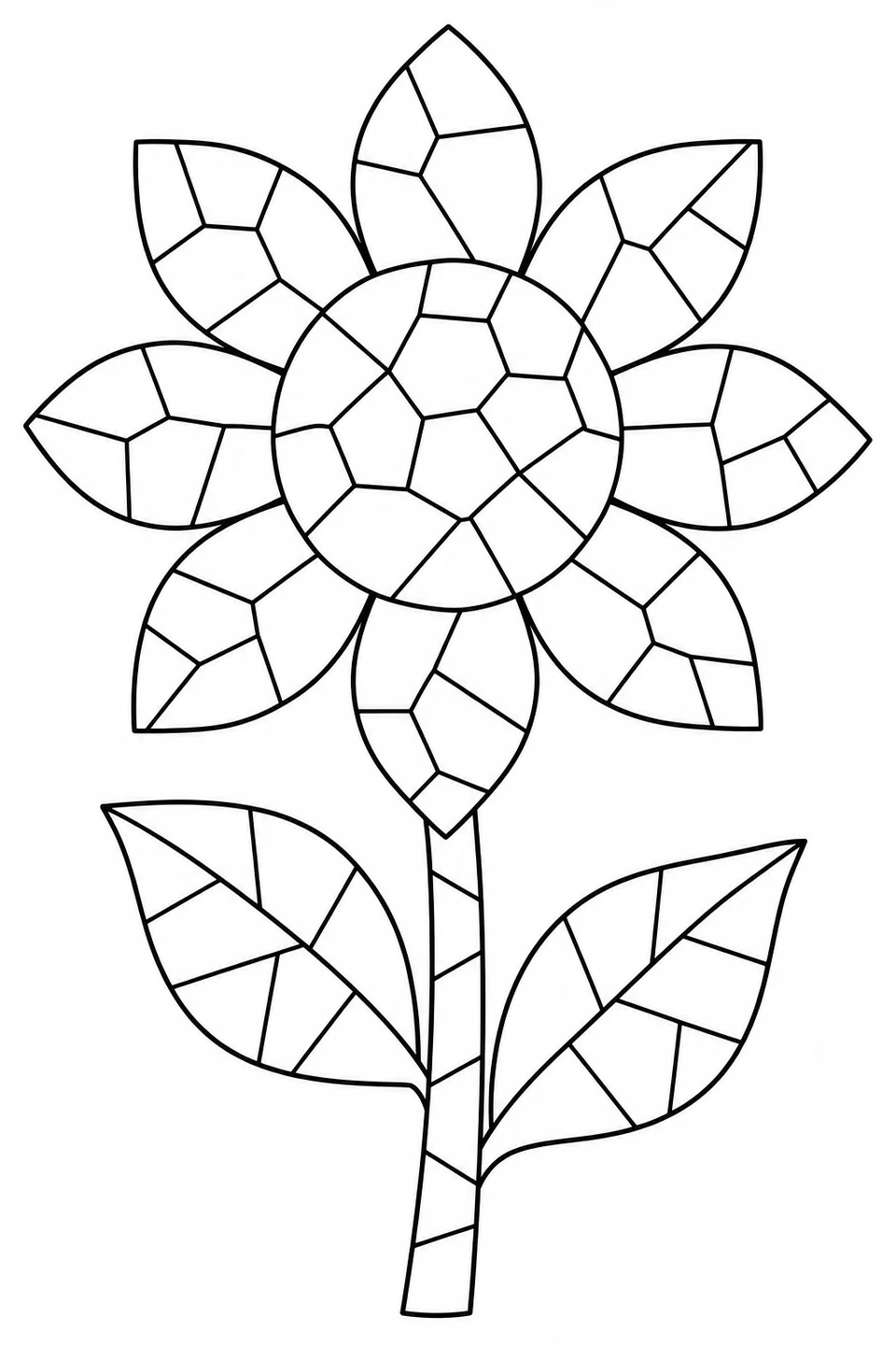 A sunflower's petals, round center and two leaves are divided into mosaic pieces.