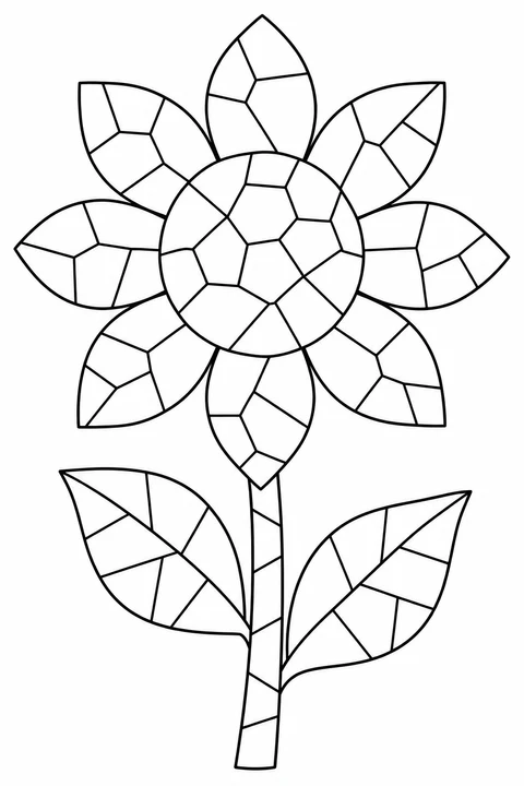 A sunflower's petals, round center and two leaves are divided into mosaic pieces.