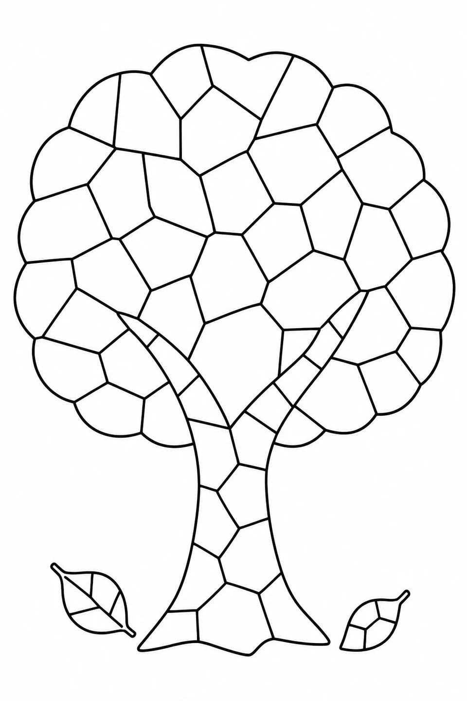 A broad tree canopy, branching trunk and two fallen leaves are divided into mosaic pieces.