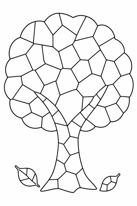 A broad tree canopy, branching trunk and two fallen leaves are divided into mosaic pieces.