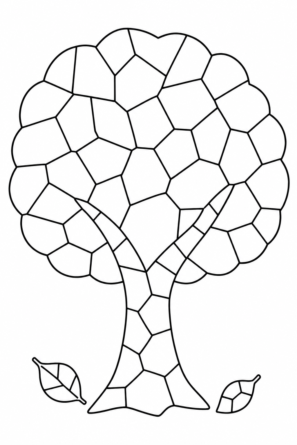 A broad tree canopy, branching trunk and two fallen leaves are divided into mosaic pieces.