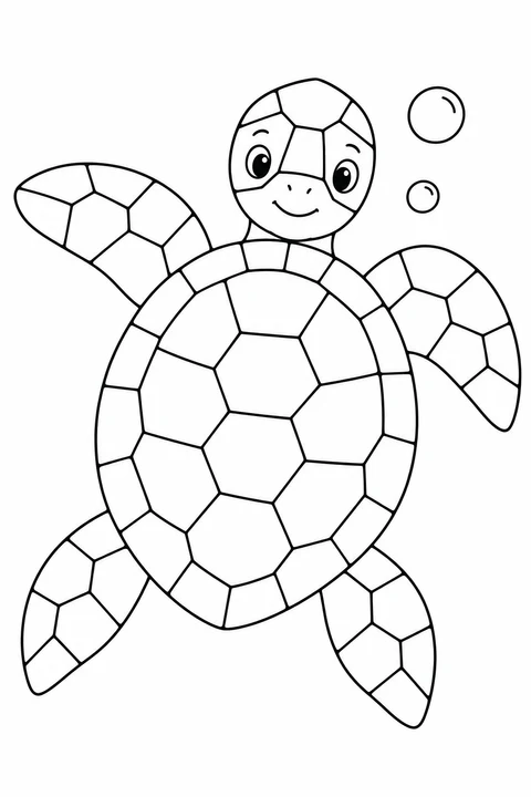 A smiling sea turtle has mosaic pieces across its shell and four flippers.