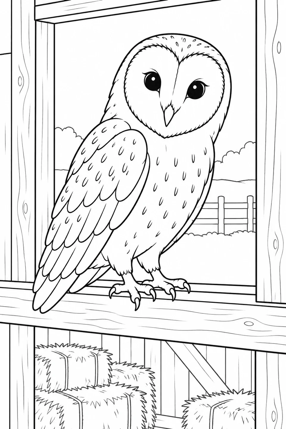A heart-faced barn owl perches in a barn window above hay bales.