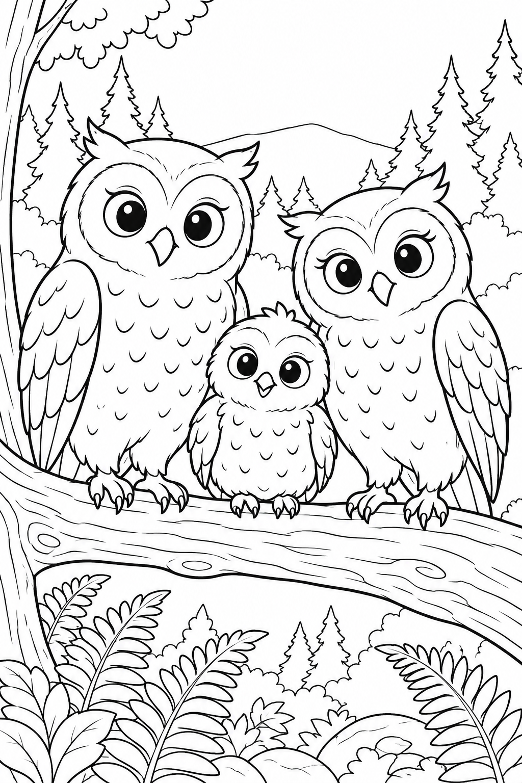 Two adult owls and an owlet sit together on a branch above ferns.