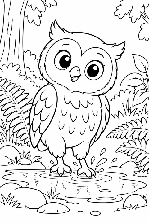 A small owl splashes in a shallow puddle among fern leaves.
