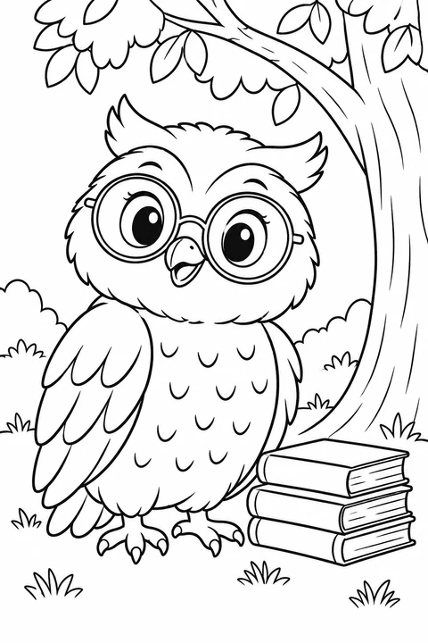 An owl wearing round glasses stands beside three closed books under a tree.