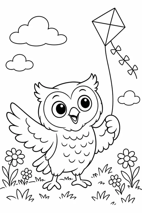 A playful owl holds the string of a diamond-shaped kite in a meadow.