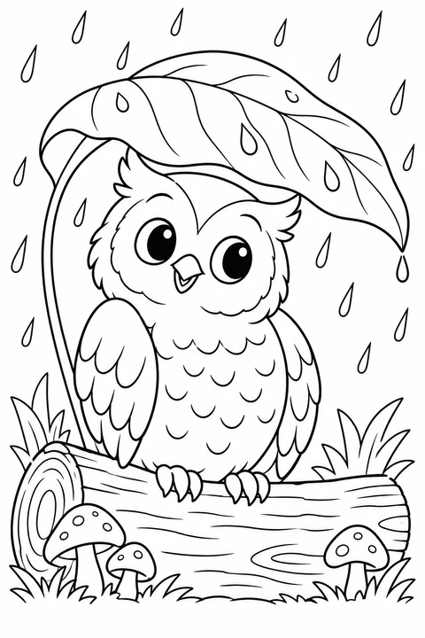 An owl perches on a log under a broad leaf in the rain.