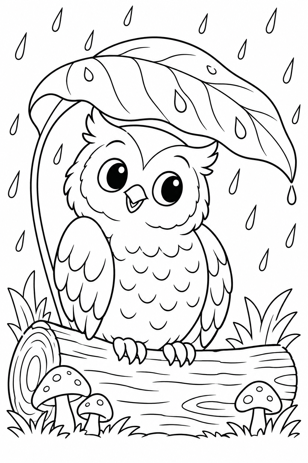 An owl perches on a log under a broad leaf in the rain.