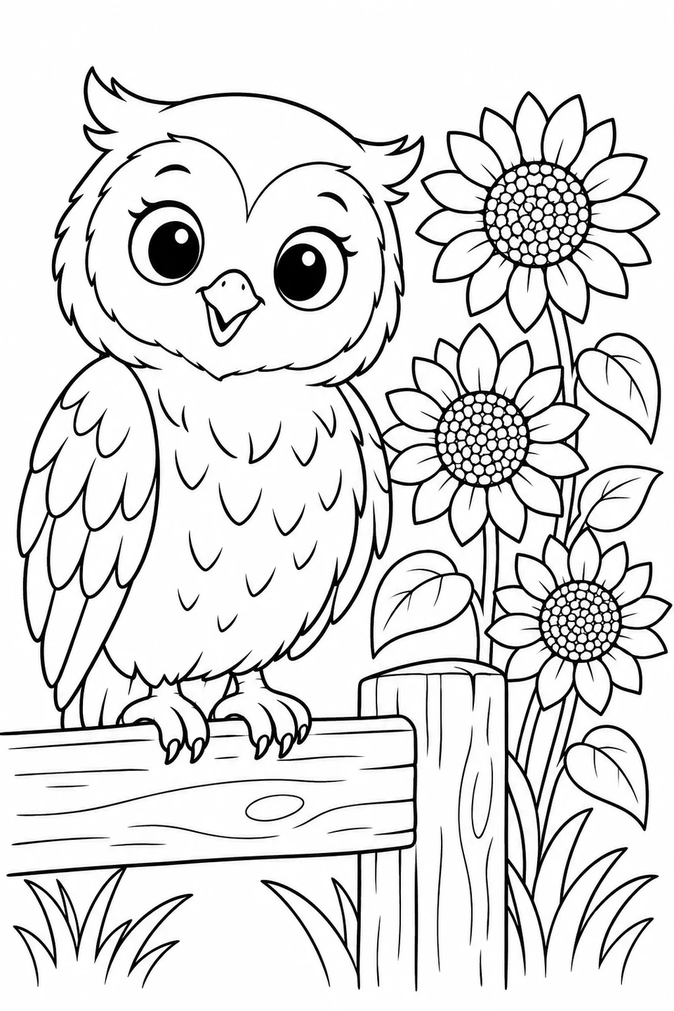 A little owl perches on a wooden fence beside large sunflowers.