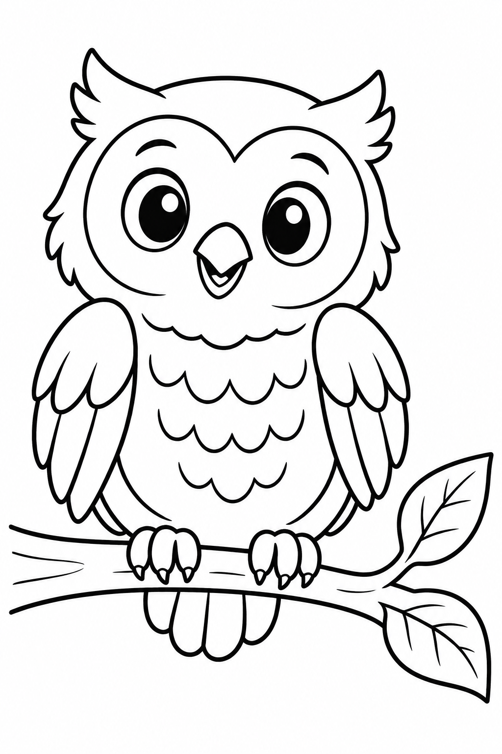A round owl grips a leafy branch with two feet.
