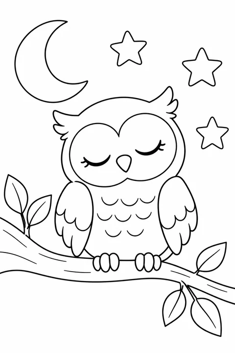 An owl sleeps on a branch beneath a crescent moon and stars.
