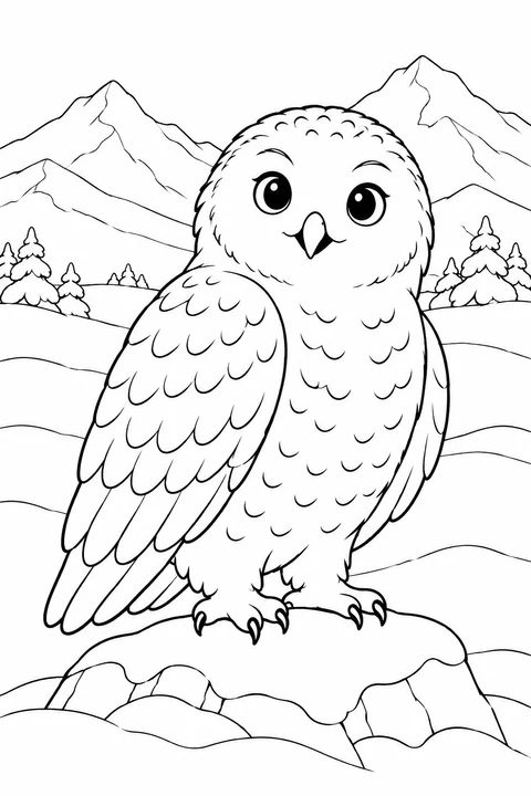 A snowy owl stands on a snow-covered rock with mountains behind.