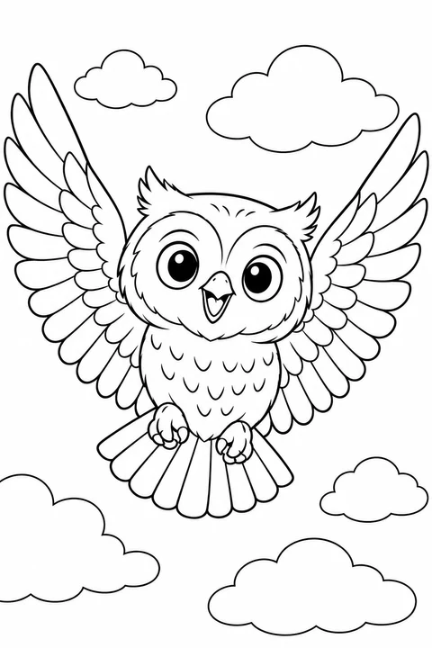 A cheerful owl spreads its feathered wings among clouds.