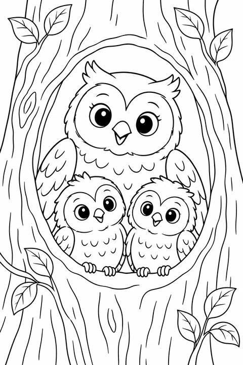 An adult owl and two owlets look out from a tree hollow.