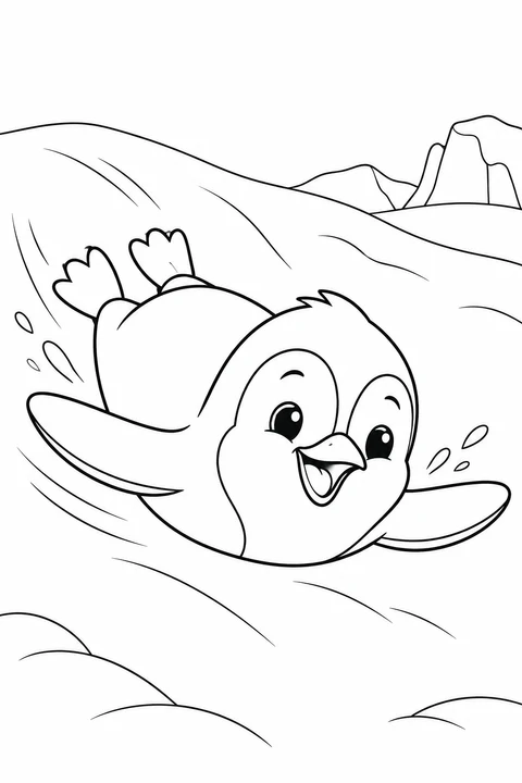 A cheerful penguin slides on its belly down a gentle snowy slope.