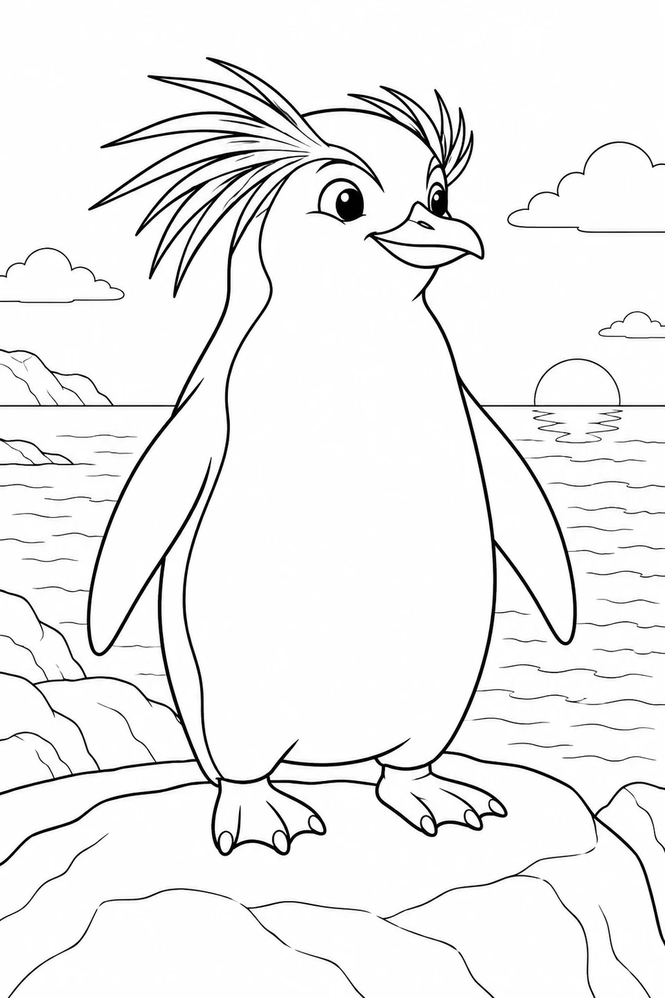A penguin with long crest feathers stands on a coastal rock above the sea.