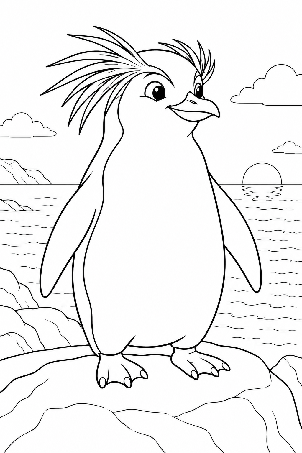 Ein Pinguin mit langen Schopffedern steht auf einem Felsen am Meer.