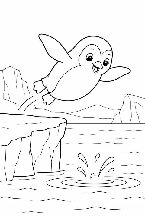 A penguin leaps from an ice ledge toward the water with both flippers spread.
