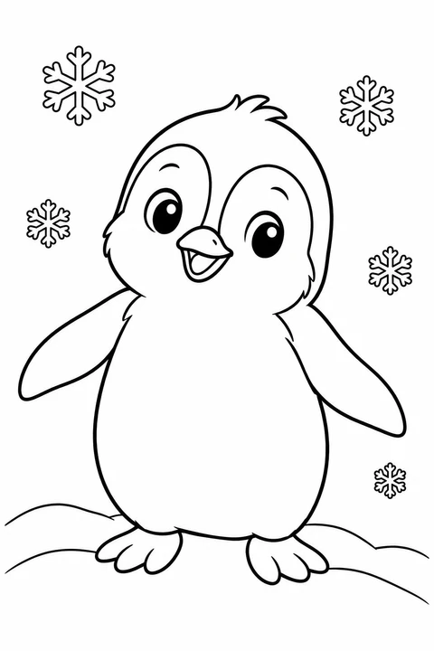 A fluffy penguin chick stands on snow beneath falling snowflakes.