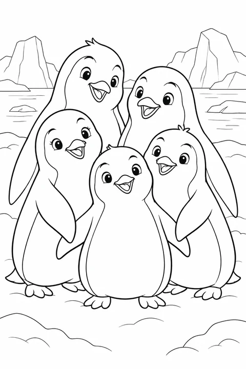Five penguins gather closely together in a snowy landscape.