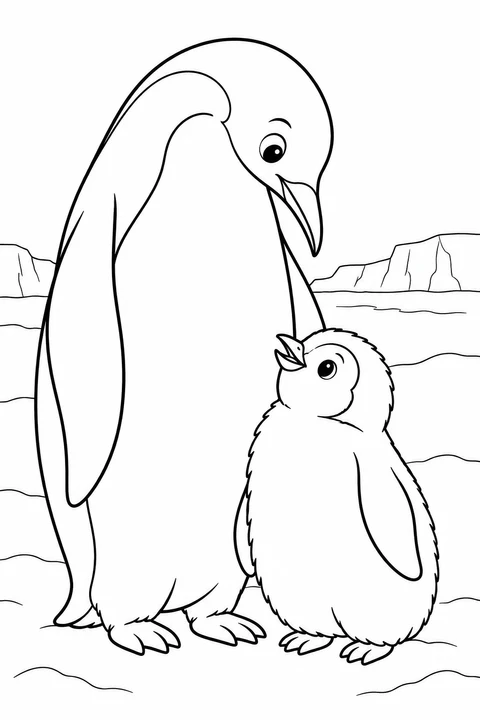 A tall penguin looks down at a fluffy chick that gazes up beside it.