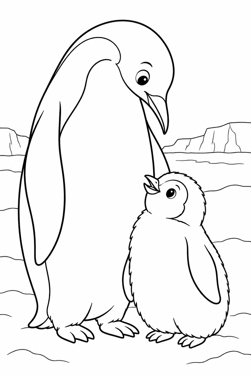 A tall penguin looks down at a fluffy chick that gazes up beside it.