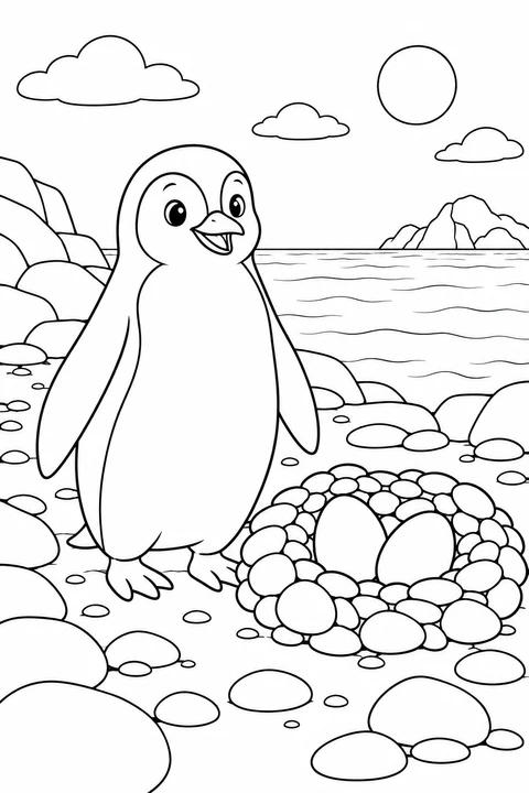 A penguin stands beside a pebble nest with two eggs on a rocky shore.