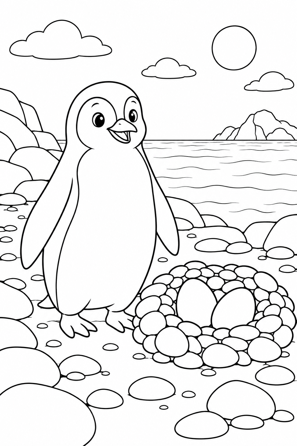 Un pinguino è accanto a un nido di ciottoli con due uova sulla costa rocciosa.