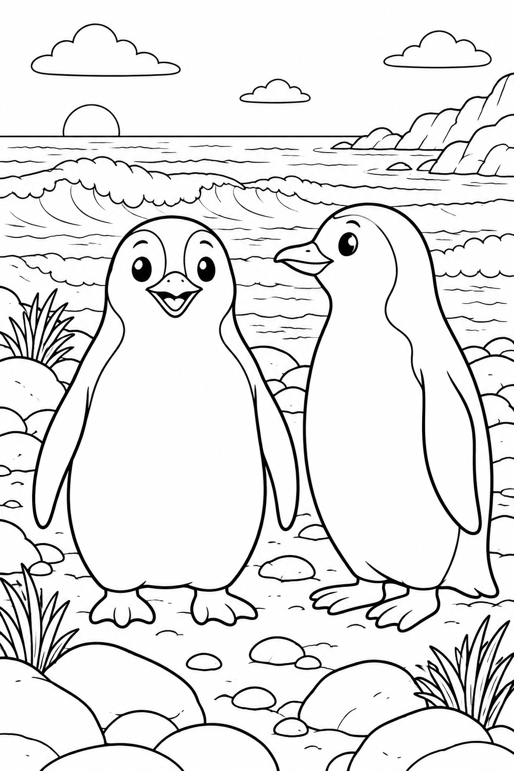 Zwei Pinguine stehen auf einem felsigen Strand neben Wellen und Grasbüscheln.