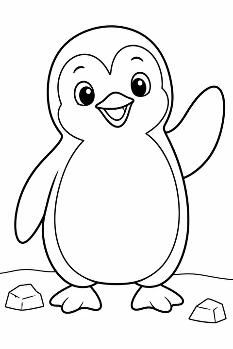 A friendly penguin raises one flipper beside two small pieces of ice.
