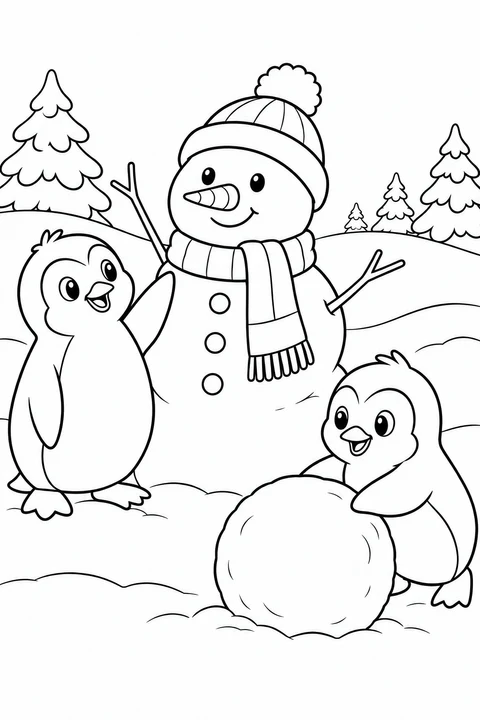 Two penguins build a snowman with a scarf and carrot nose beside a large snowball.