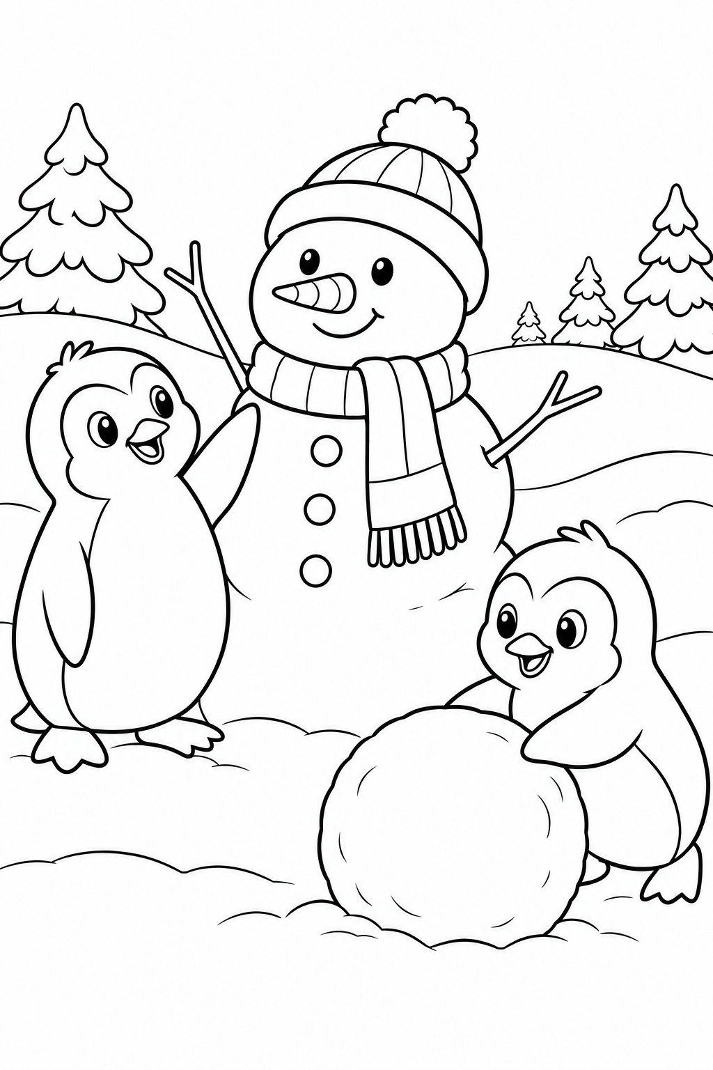 Two penguins build a snowman with a scarf and carrot nose beside a large snowball.