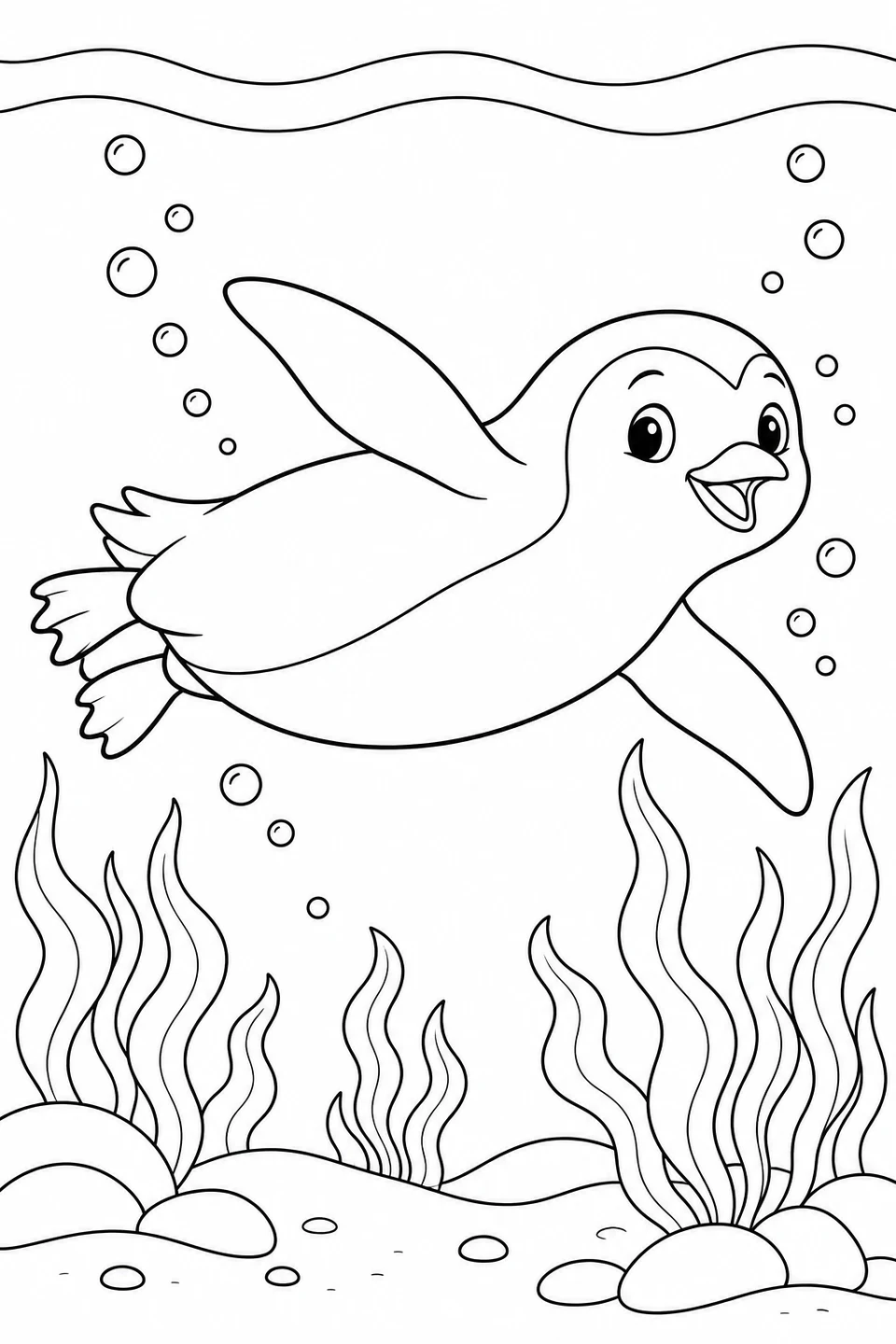 A penguin swims underwater above seaweed, with bubbles rising around it.