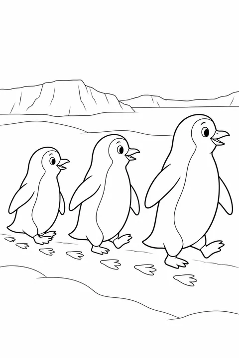 Three penguins waddle across the snow, leaving a trail of footprints.