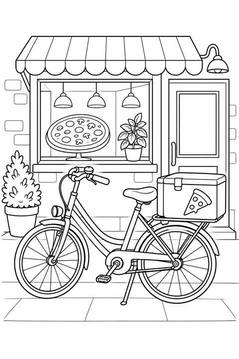 A bicycle with a pizza carrier is parked outside a pizzeria with a pizza in its window.