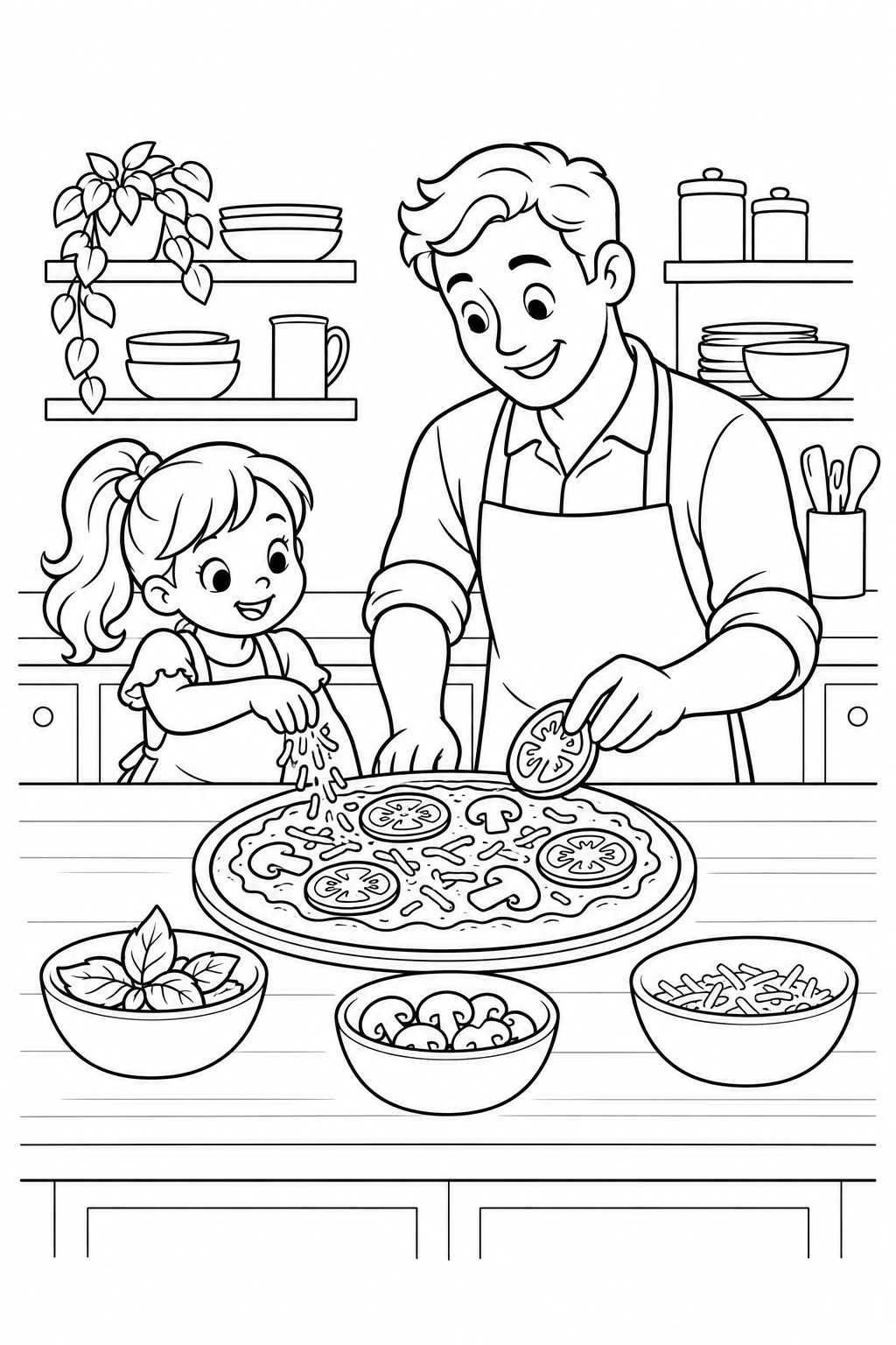 Un adulto posa una fetta di pomodoro sulla pizza mentre una bambina aggiunge una guarnizione grattugiata, con tre ciotole davanti.