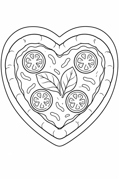 A heart-shaped pizza sits on a matching plate, with four tomato rounds and two leaves in the center.