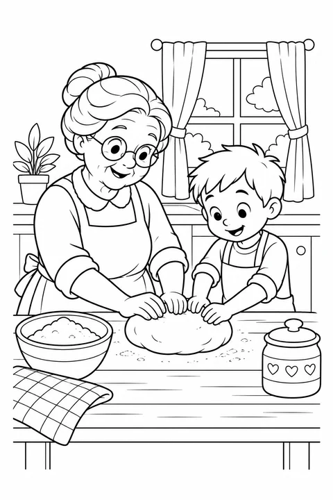 A woman with glasses and a child knead dough together beside a bowl and a lidded jar decorated with hearts.