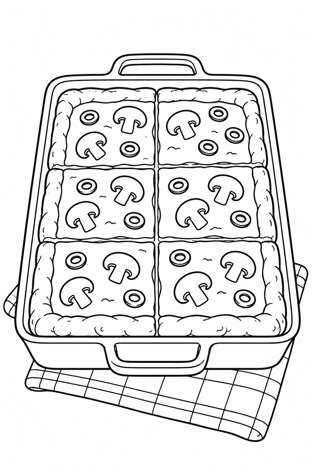 Six rectangular pizza pieces fill a handled pan on a checked cloth, each with mushroom shapes and ring-shaped toppings.