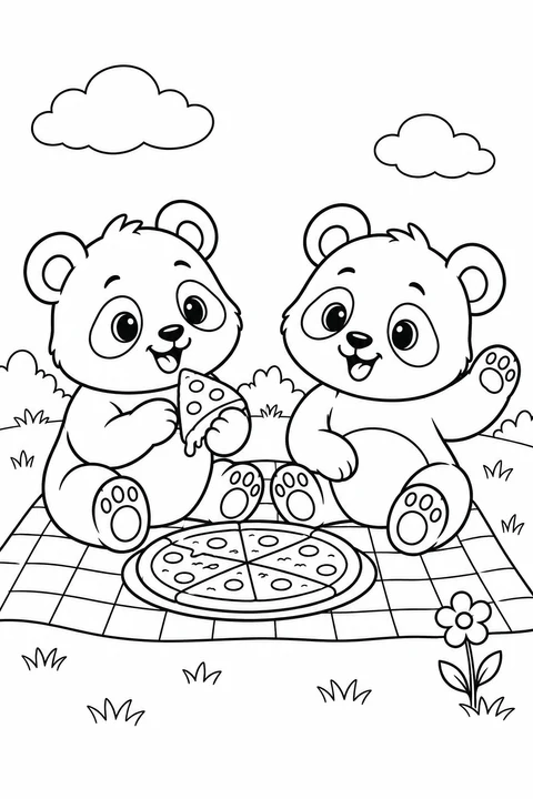 Two panda cubs sit beside a pizza; one holds a slice while the other waves.