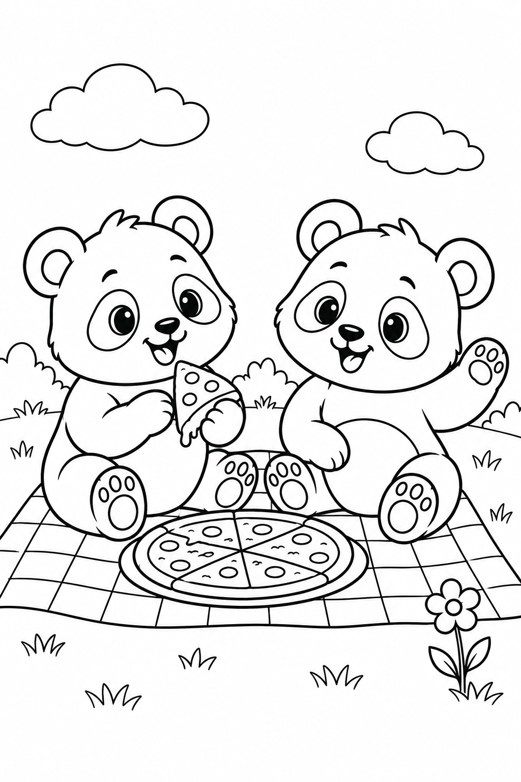 Two panda cubs sit beside a pizza; one holds a slice while the other waves.