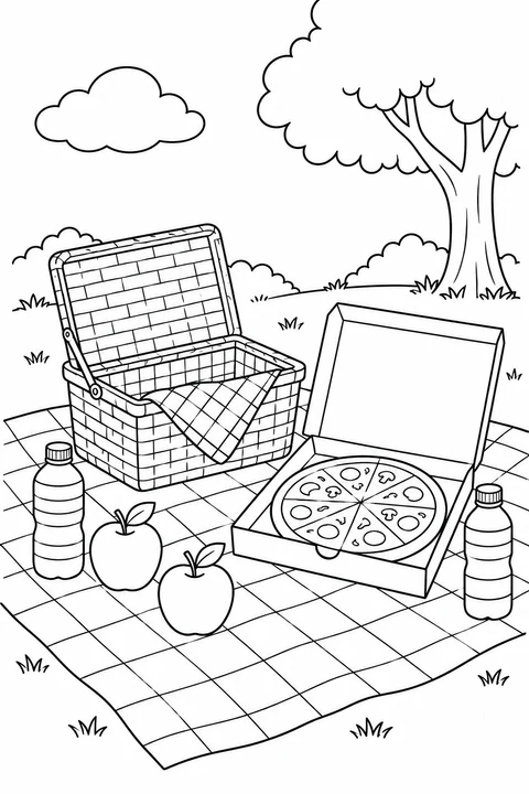 An open pizza box, a woven picnic basket, two apples and two bottles sit on a checked blanket beneath a tree.