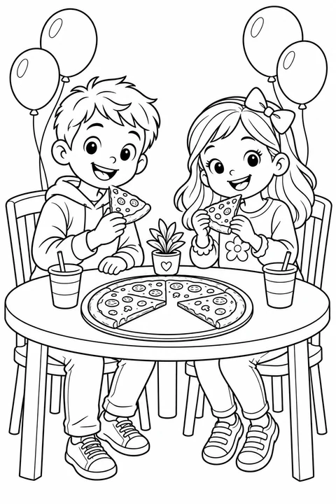 A boy and girl hold pizza slices at a table with a partly shared pizza, drinks and balloons.