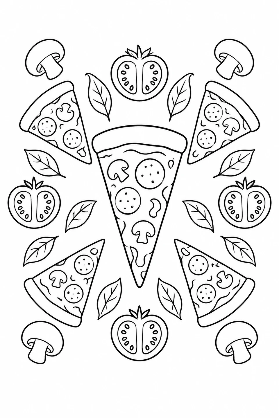 A large pizza slice is surrounded by four smaller slices, tomato halves, leaves and mushroom shapes in a balanced arrangement.