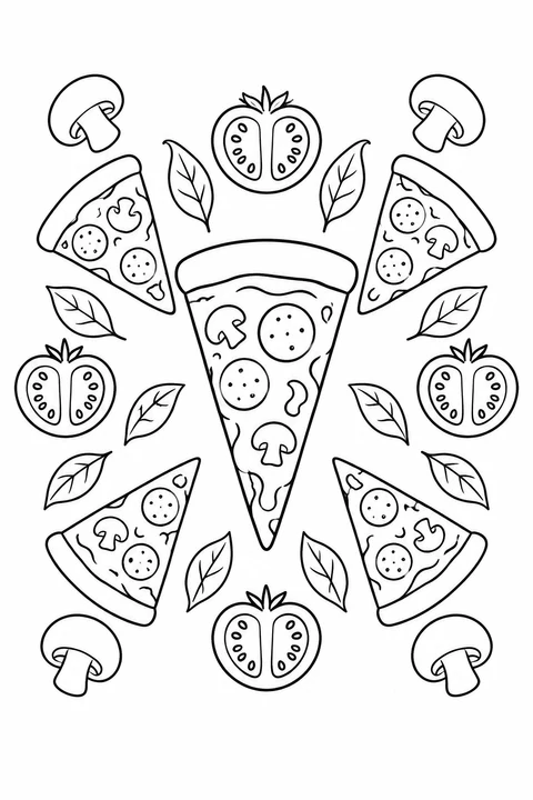 A large pizza slice is surrounded by four smaller slices, tomato halves, leaves and mushroom shapes in a balanced arrangement.