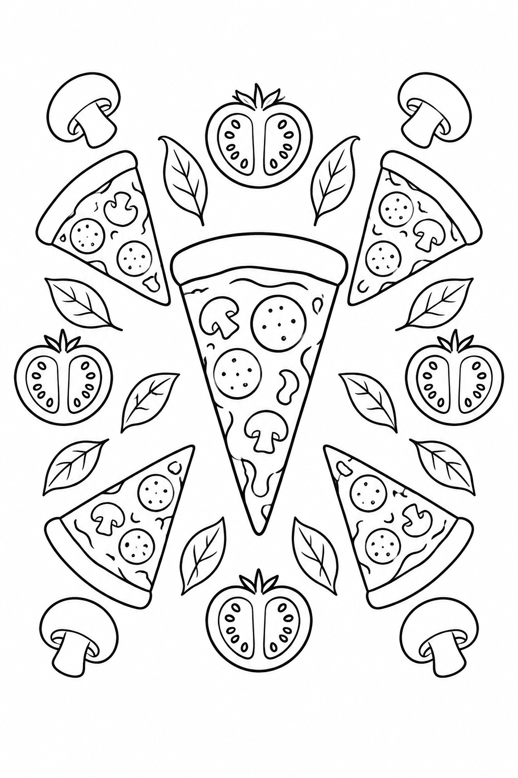 A large pizza slice is surrounded by four smaller slices, tomato halves, leaves and mushroom shapes in a balanced arrangement.