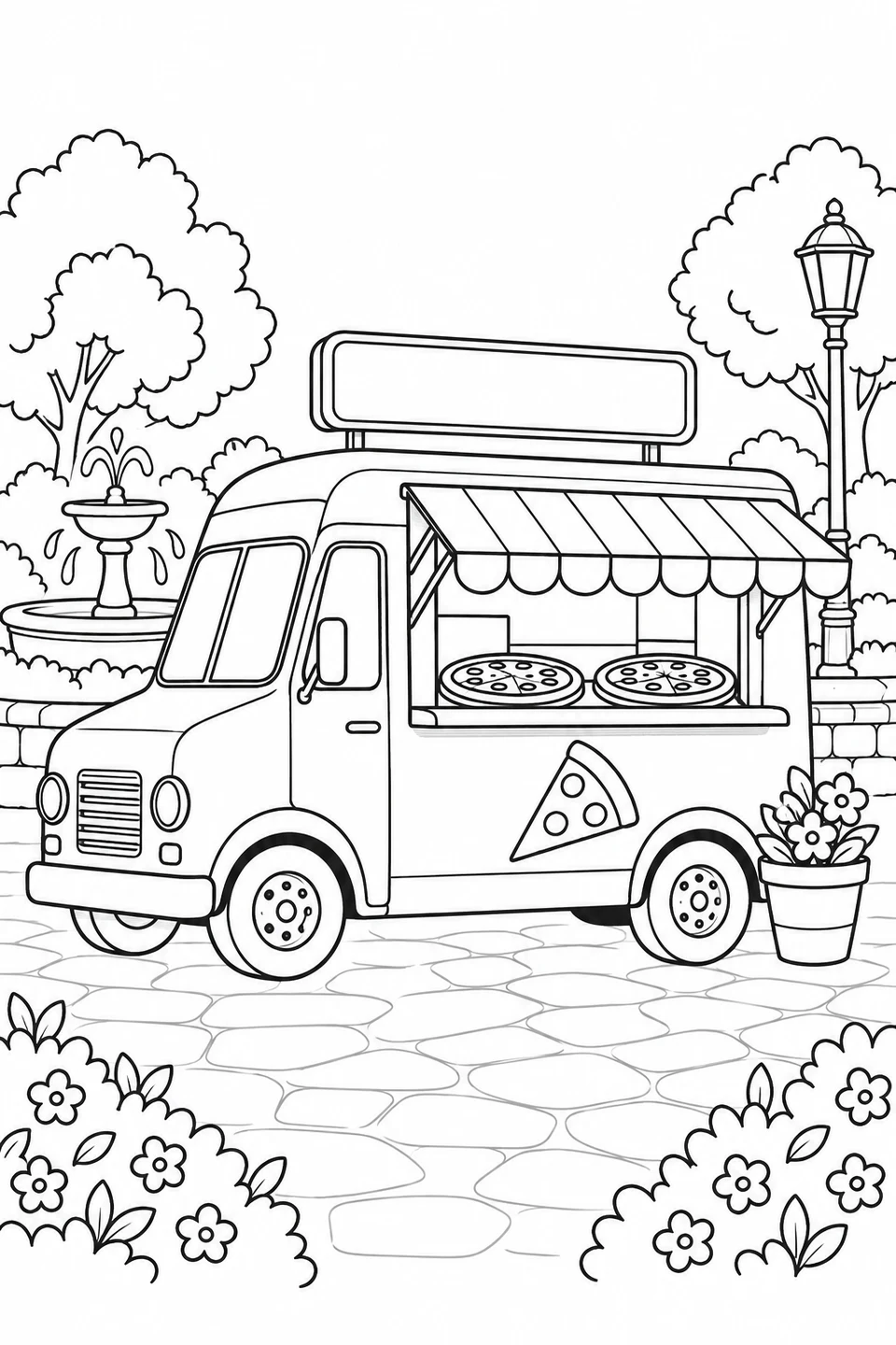 A parked pizza truck has an awning, two pizzas at the service window and a flowerpot nearby.